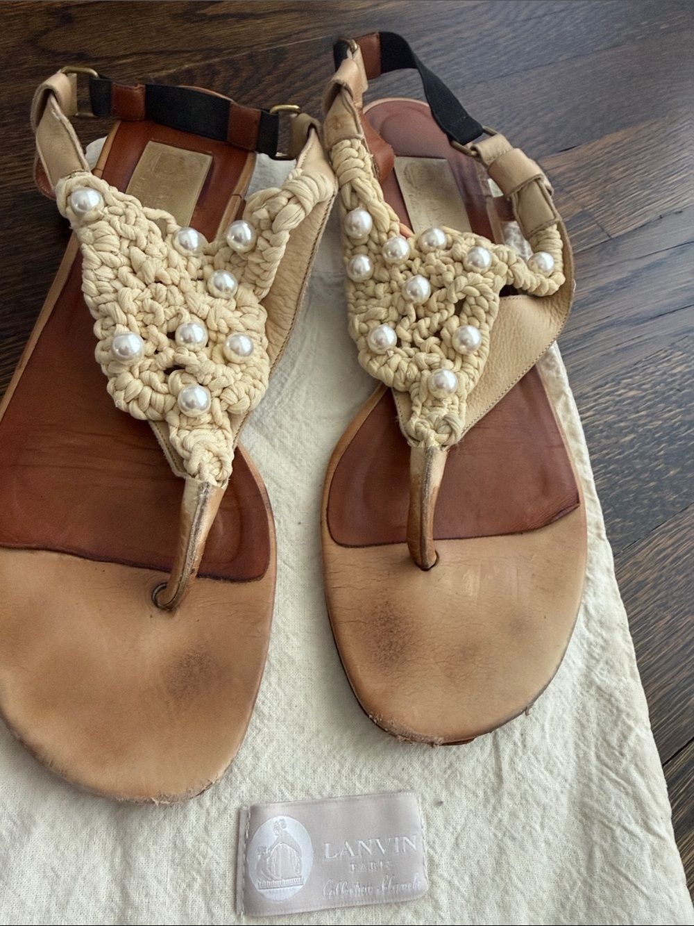Lanvin Beige Crochet Pearl-Embellished Thong Sandals 100% Authentic
